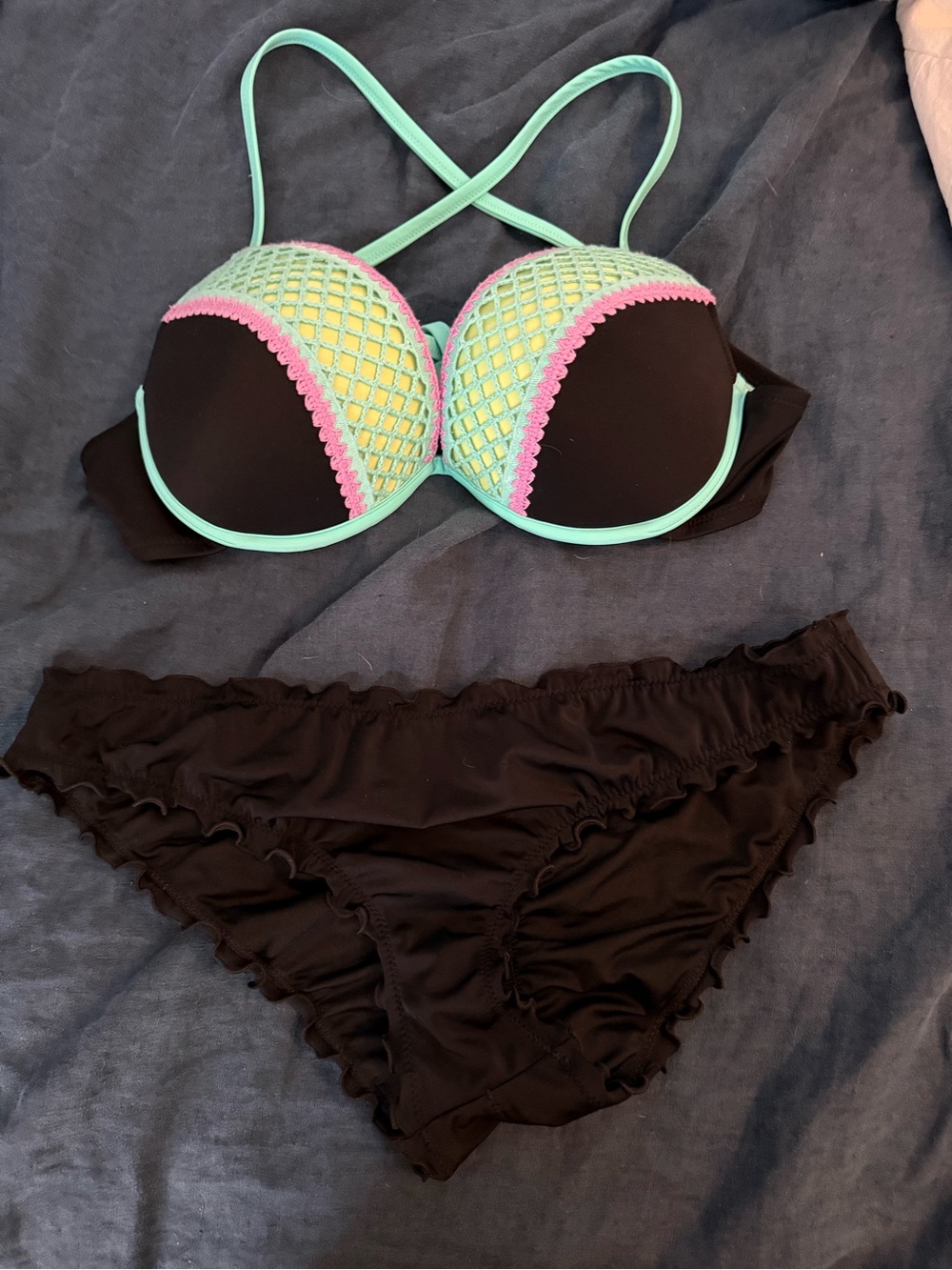 Shade & Shore Black Bikini with Mint Green / lime and Pink Crochet Trim